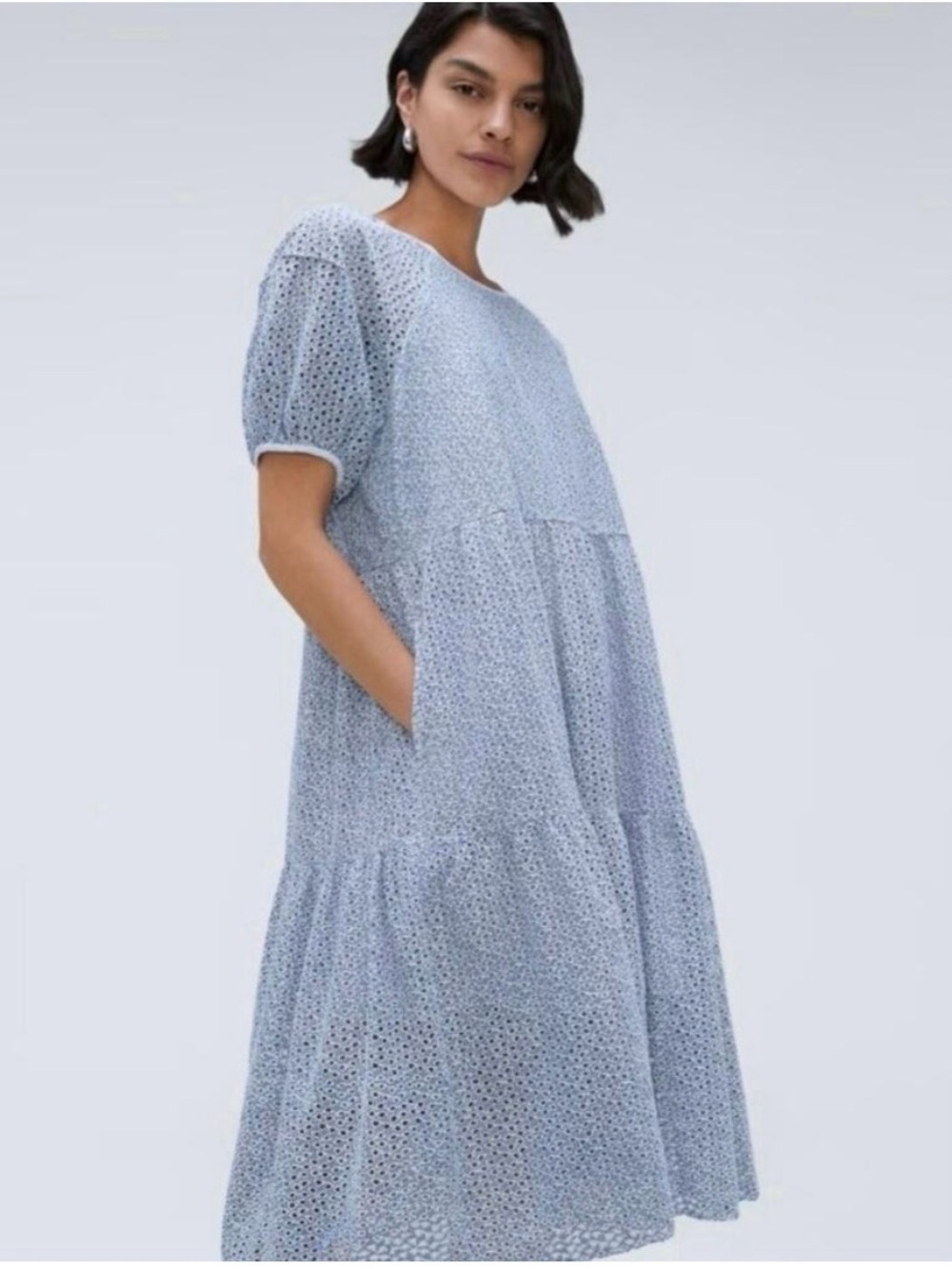 Everlane The Tiered Eyelet Midi Dress Blue White Cotton Puff Sleeve Small